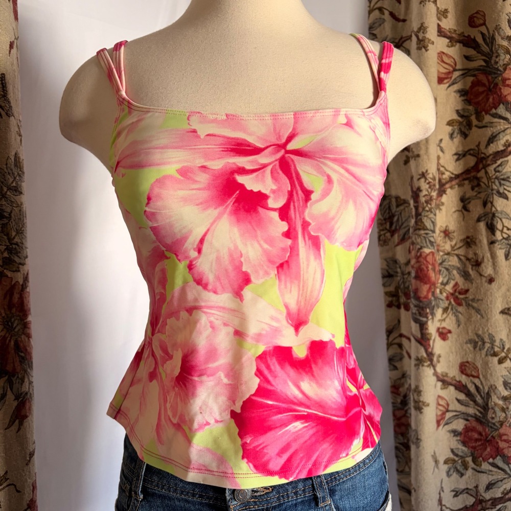 Sessa Gorgeous Y2k Pink Lime Green Floral Tropical Cami Tank Top with Orchid